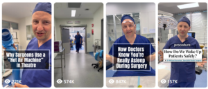 Four short-form video posts by specialist plastic surgeon Dr Michael Kernohan, each explaining an aspect of theatre or anaesthesia process