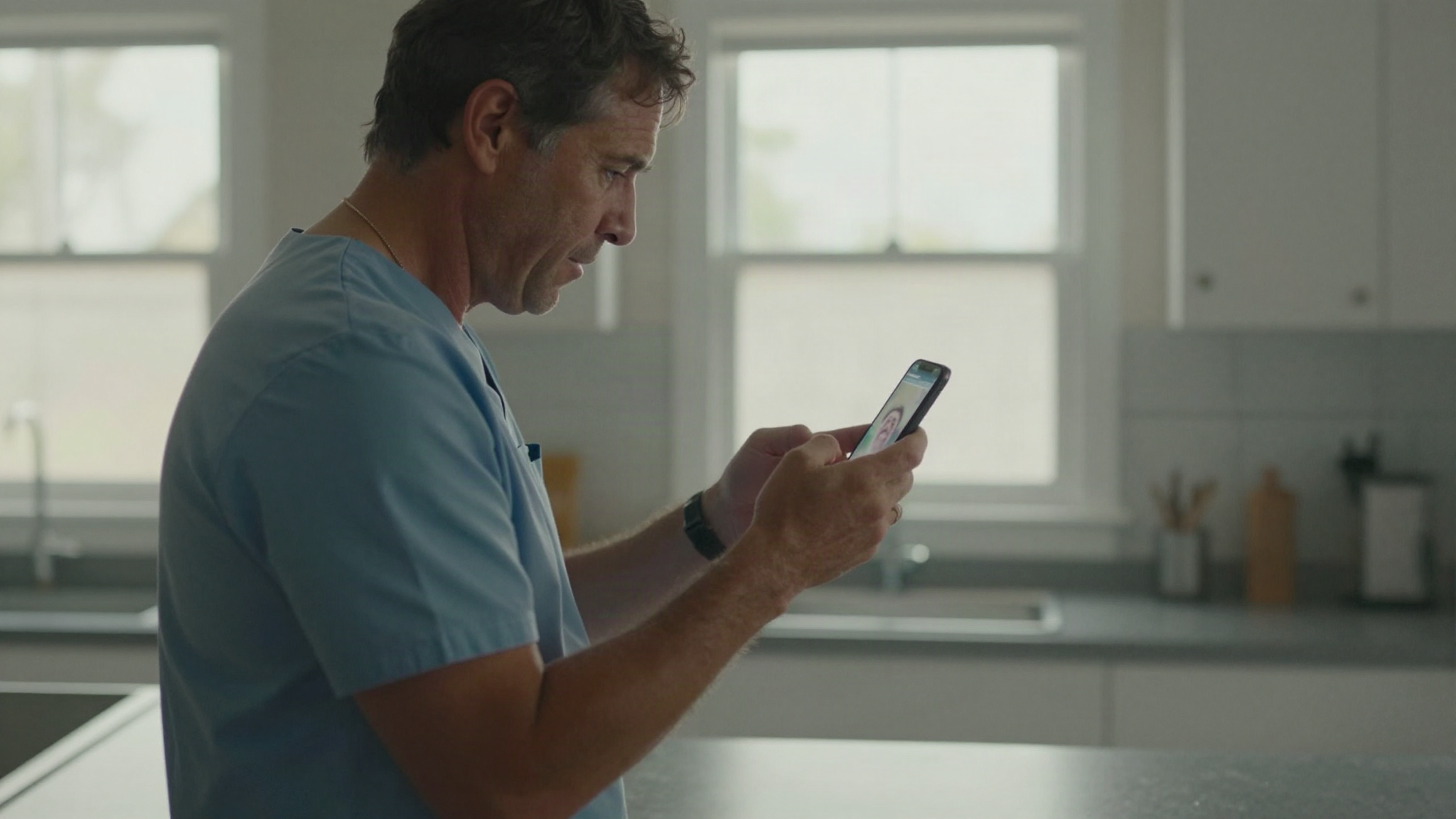 Man at home in the morning watching a short-form video on his phone, screen content blurred