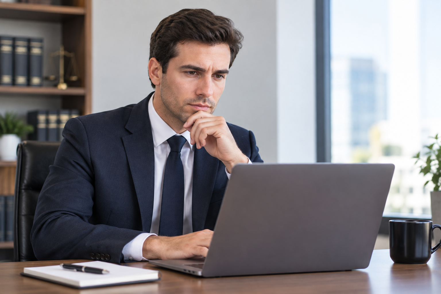 Lawyer in a navy suit looking thoughtfully at a laptop in a modern law firm office