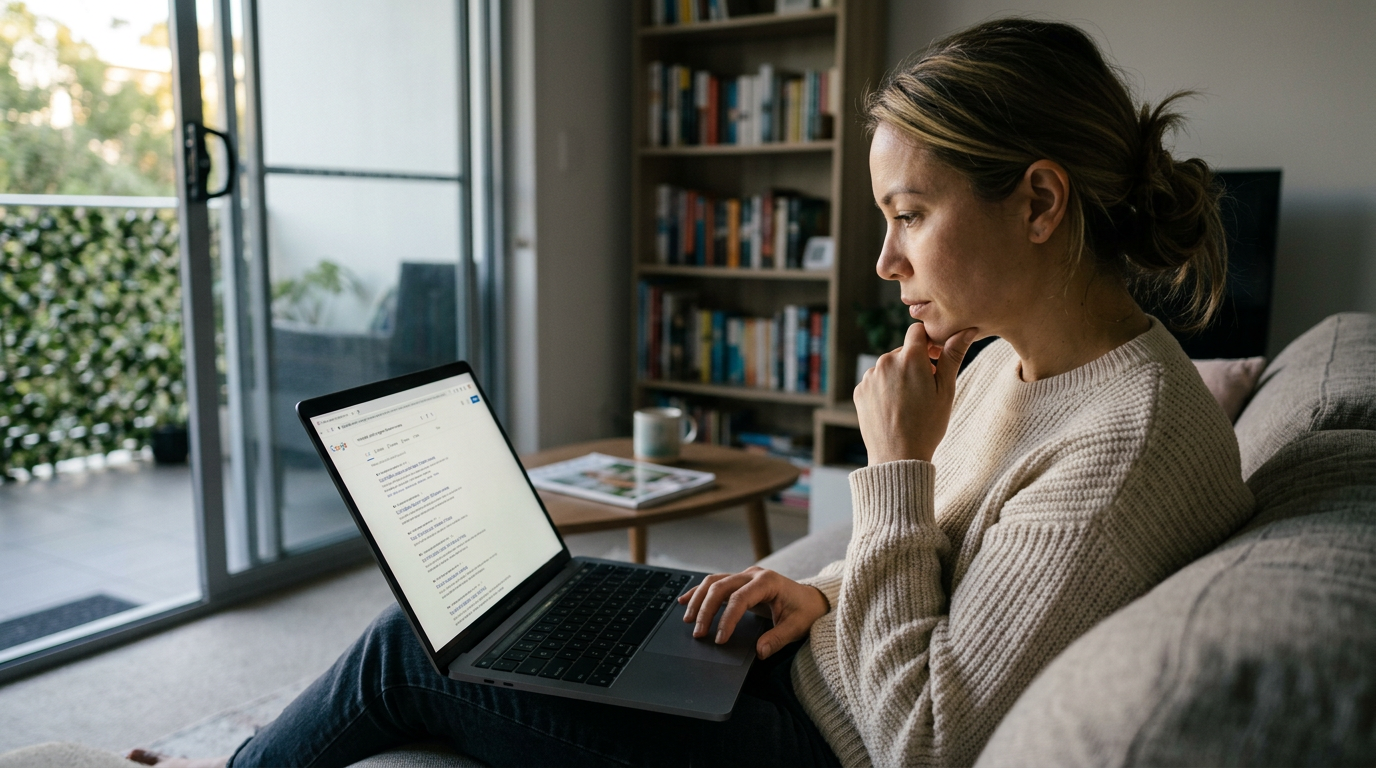 Woman sitting on a sofa at home reading Google search results on a laptop.