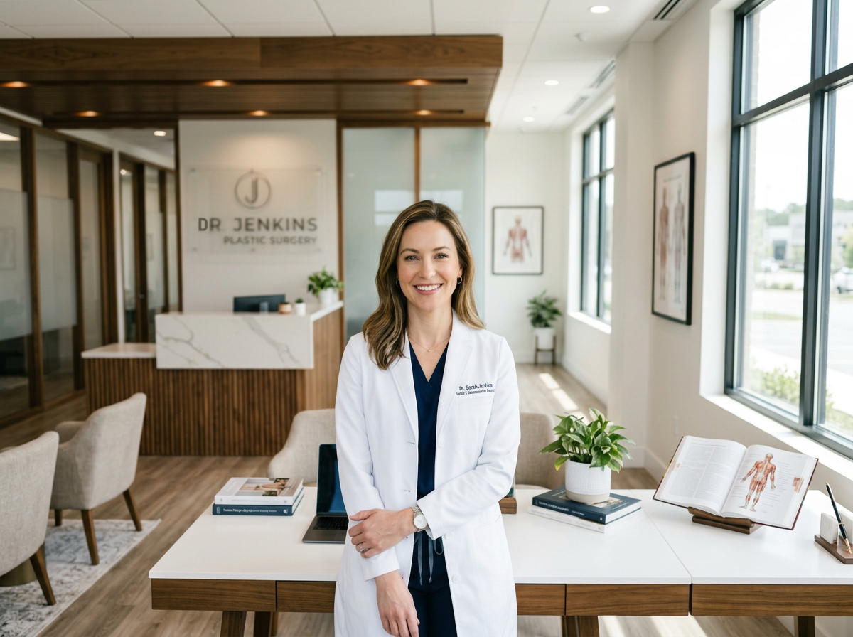 Smiling female plastic surgeon standing in a modern, light-filled clinic reception area