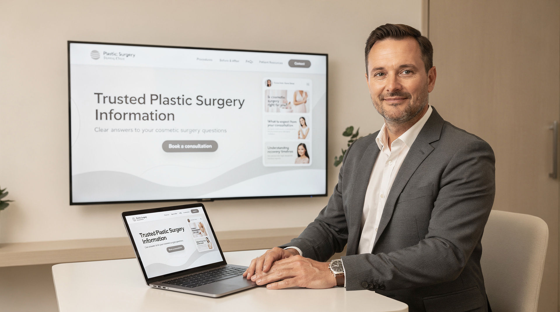 Specialist plastic surgeon at a desk with a laptop and wall screen showing patient education content about cosmetic surgery.